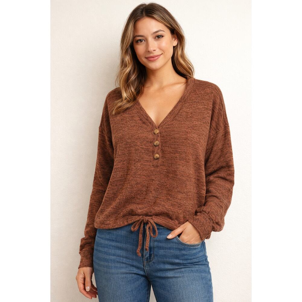 Olivia Sky Womens Large Brown Henley Knit Top Drawstring Hem